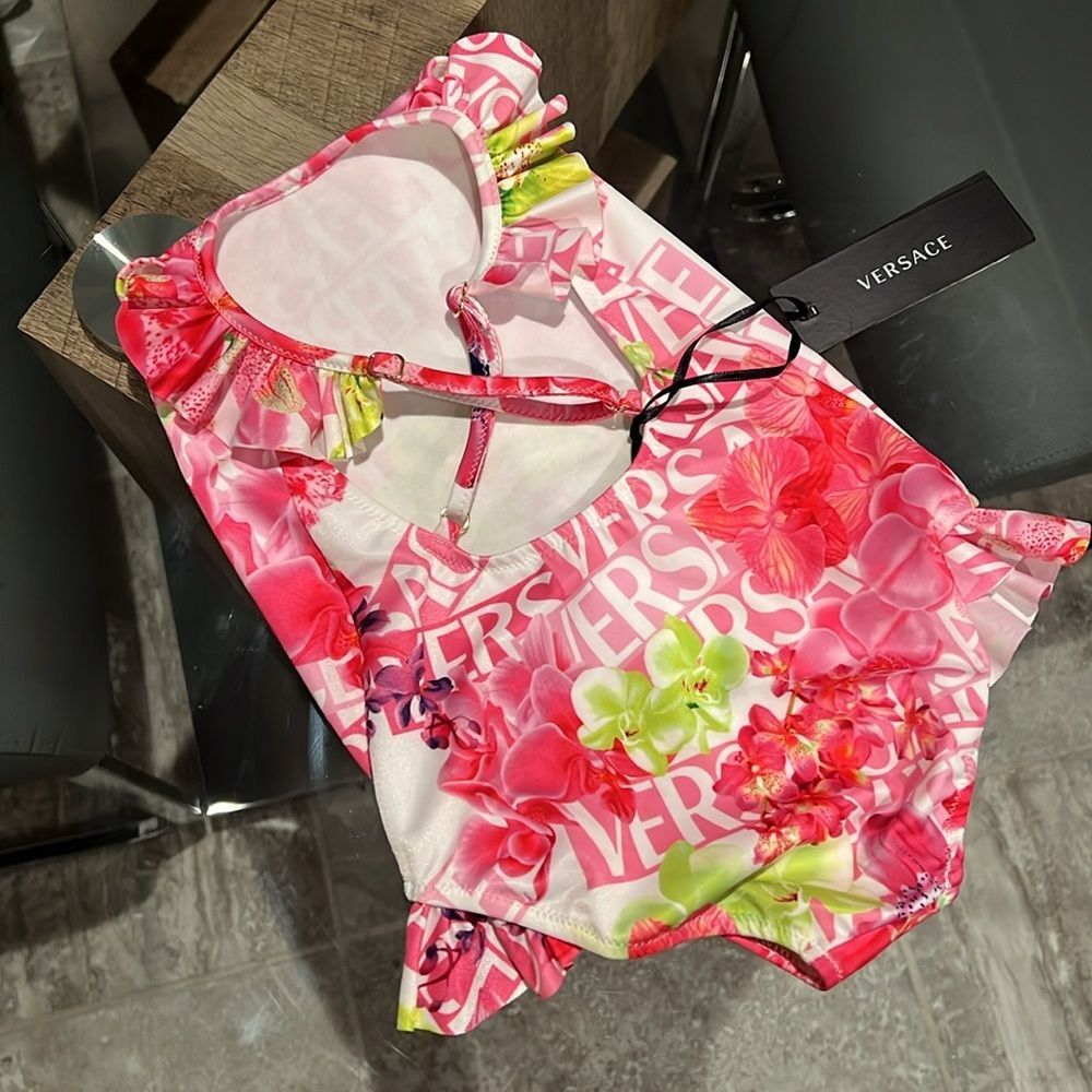Versace Girls' Orchid & Logo Print Swimsuit, NWT, Size 36 Months - Picture 3 of 6